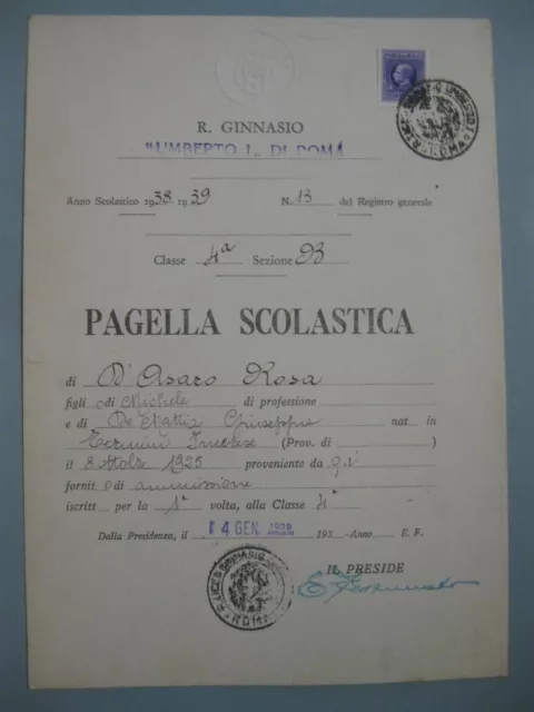 Antica Pagella Scolastica Scuola Ginnasio Umberto I° Di Roma 1939