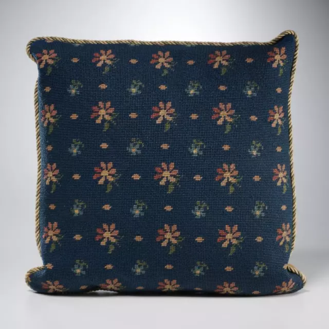 Needlepoint Navy Blue Pink Daisy Forget Me Not Floral Gift Throw Pillow 16"squ