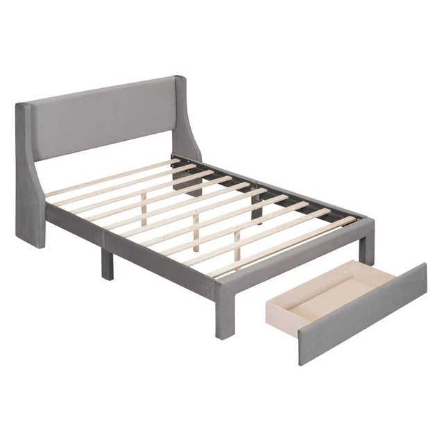 HABITRIO Full Size Velvet Upholstered Platform Bed Frame with Drawer & Headboard