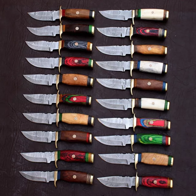 LOT OF 20, 6 inches Custom Handmade Damascus Steel Skinner Knives With Sheaths.