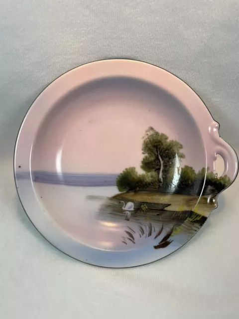 Noritake Small Pink Bowl Dish Hand Painted Scene With Swan Tree Lake 1 Handle