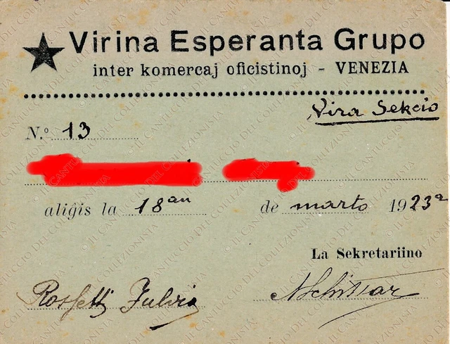 1923 Virina Esperanta Grupo inter komercaj oficistinoj Venezia RARA tessera