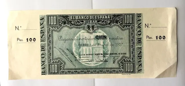 1937 Spain El Banco De Espana Bilbao 100 Pesetas Banknote Civil War Crisp Unc