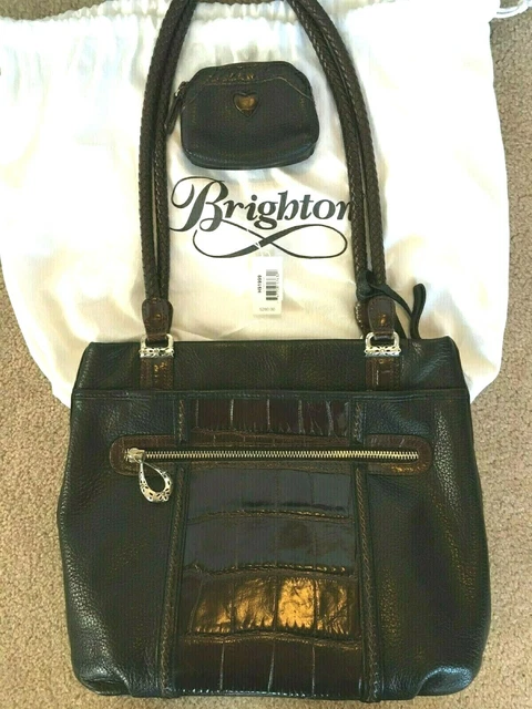 Brighton Sutherland Zip Tote Handbag & Coin Purse Black Leather & Brown Croc
