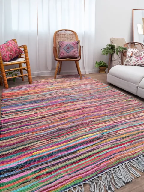 Rug Rag Rugs Multi Colour Mat Recycled Cotton Hand Woven Chindi Mats Rainbow