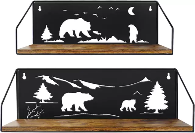 Floating Shelves for Wall with Unique Adorable Bears Cutouts, Rustic Wooden Iron