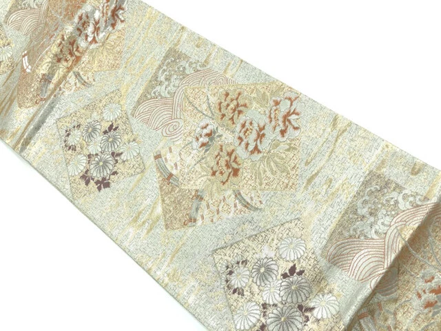6384603: Japanese Kimono / Vintage Fukuro Obi / Woven Rough Wave & Kiku