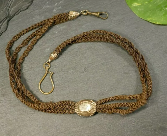 Antike Haar Taschenuhrenkette Biedermeier Gravur MW / WM Drei Stränge Locken