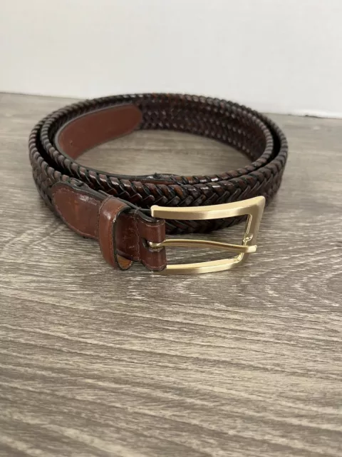 Men’s Dark Brown Woven Leather Belt Size 44 Style 11ST0404 Gold Buckle