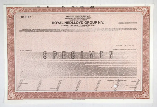 Netherlands. Royal Nedlloyd Group N.V., 1988 Specimen ADR Certificate, XFABNC
