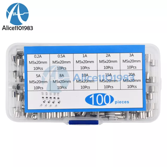 100PCS Glass Tube Fuse boxed 10 kinds of Resistance 5*20MM 0.2A-20A Fuse tube