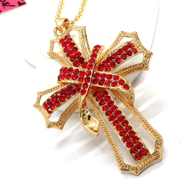 New Betsey Johnson Red Rhinestone Cross Bling Crystal Pendant Chain Necklace