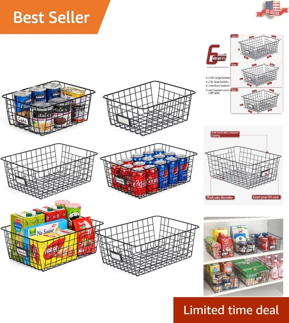 6 Pack Wire Storage Baskets for Organizing - Kitchen, Laundry, Garage, Fridge