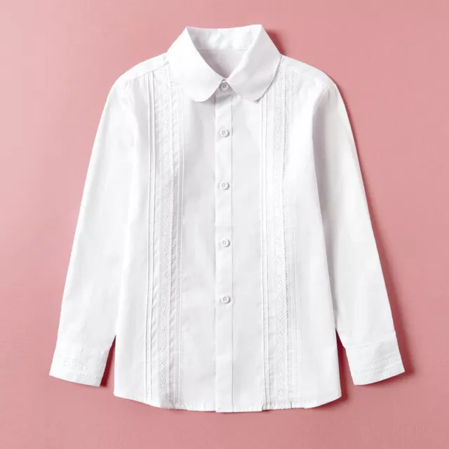 Ragazze Cotone Camicia Increspato con Bottoni Camicetta Uniforme Stile Preppy