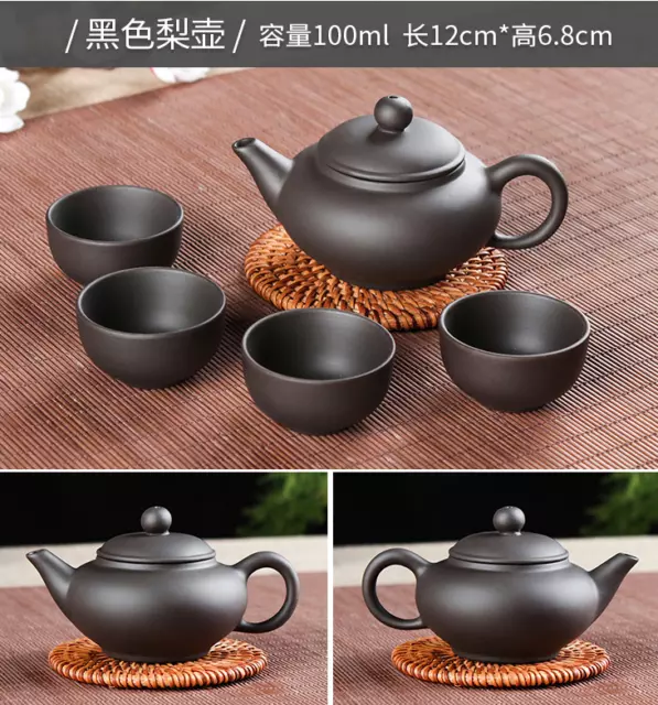 AMAZING A Set Purple Clay Manual Sculpture Black pear shaped TeaPot Cups DA8