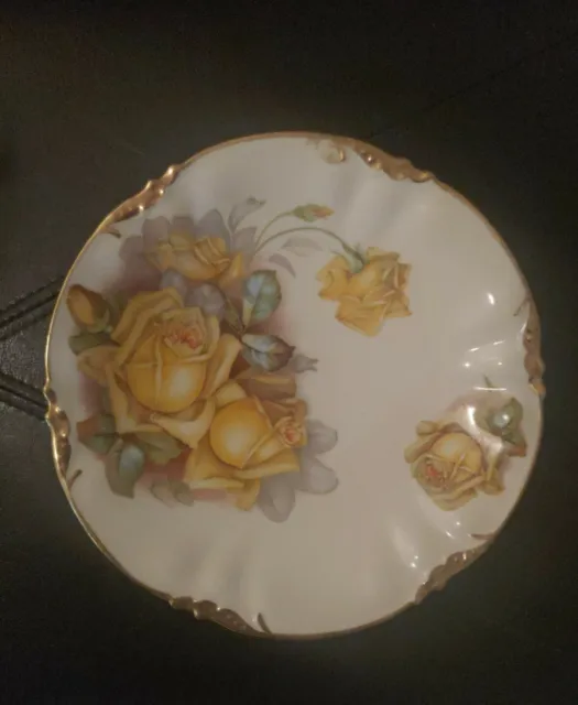 Vtg. Yellow Roses Germany Prov Saxe ES Plate Gold Trim 8" Hand Painted Stunning