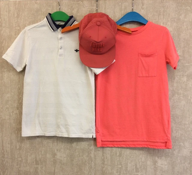 River Island T Shirt & Hat Bundle Age 7-8 Boys White Polo Top Pink Snapback Cap