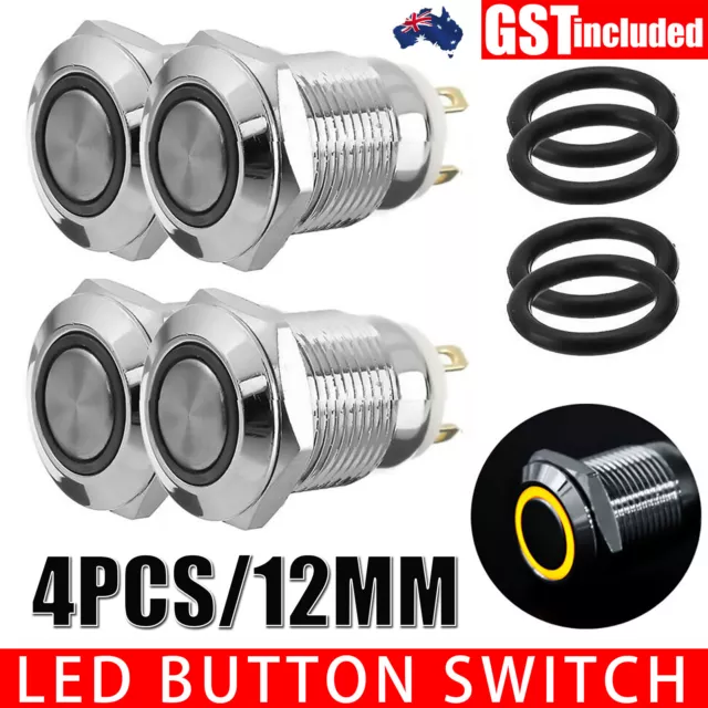 4 PCS 12V 12mm Car Boat Push Button Metal Latching Switch LED Light Waterproof