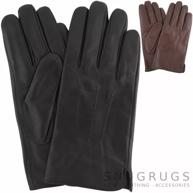Mens Soft Leather Gloves Brown Black Fleece Lined 3 Point Stitch
