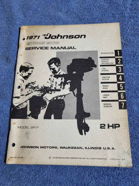 VINTAGE 1971, 1 cyl, 2 stroke JOHNSON OUTBOARD Boat MOTOR 2 HP SERVICE