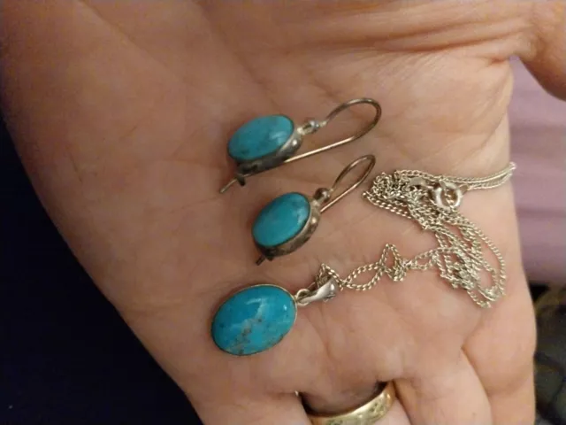 Turquoise 925 Silver Earrings And Necklace Set