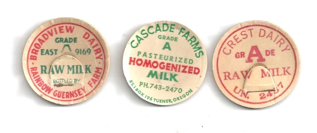 Three different Oregon milk caps.milk bottle caps