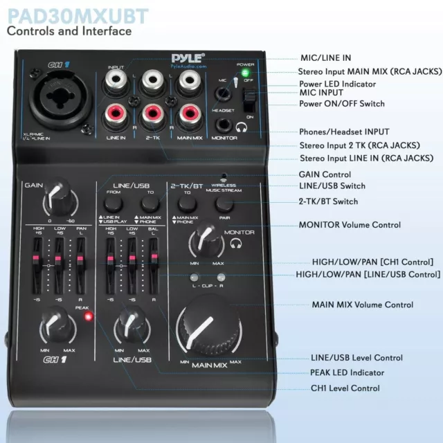 Pyle PAD30MXUBT Digital 3-Channel Mixer DJ Controller Audio Interface w/USB Port 2