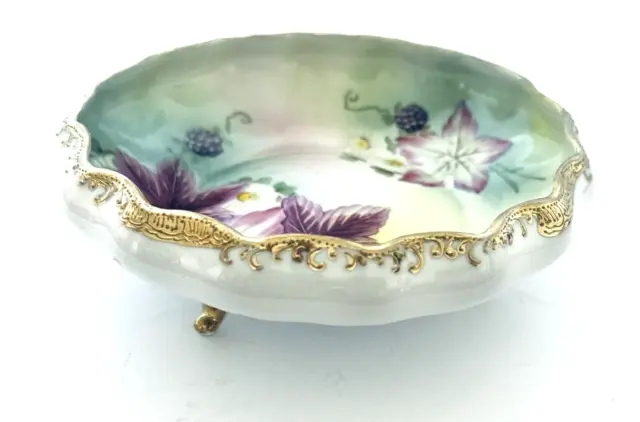 Nippon Footed Rose Bowl Gold Trim Hand Painted Leaves Fruit Flowers Vintage