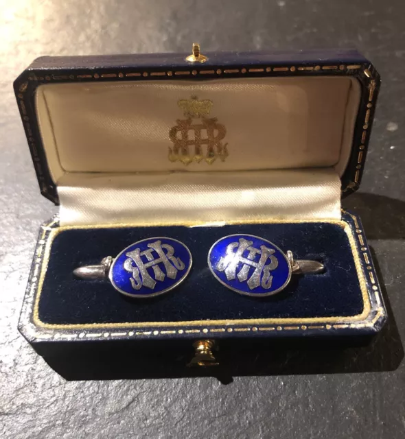 Stunning Pair Of Vintage Henley Royal Regatta Solid Silver And Enamel Cufflinks