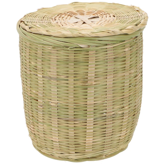 Panier Osier Avec Couvercle Ø30 H35 Cm - Corbeille Rangement Naturelle Marron/Gris