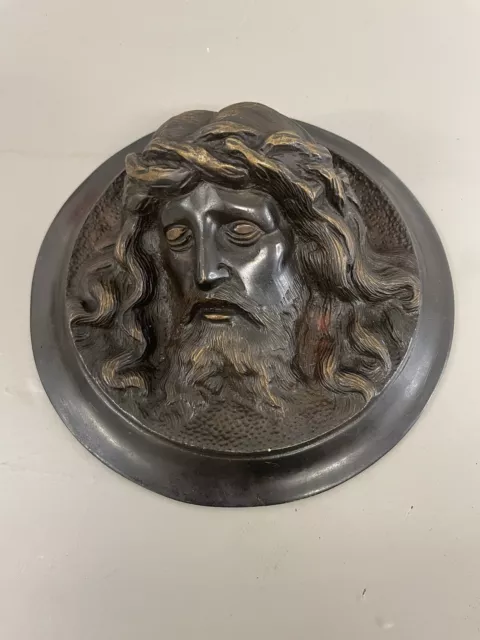 Stunning Bronze Religious Circular Relief Wall Plaque of Christ