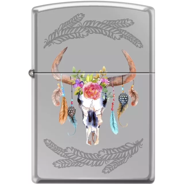 High Polished Chrome Dream Catcher Steer Skull  Zippo Lighter
