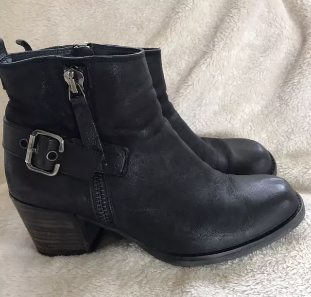 Paul Green black leather buckle double zipper heel moto ankle boots 6.5 UK 9 US