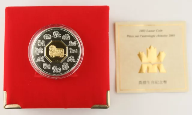 Canada 2003 1 Oz Silver Year of Goat GEM Proof Coin Gold Plated +BOX & COA