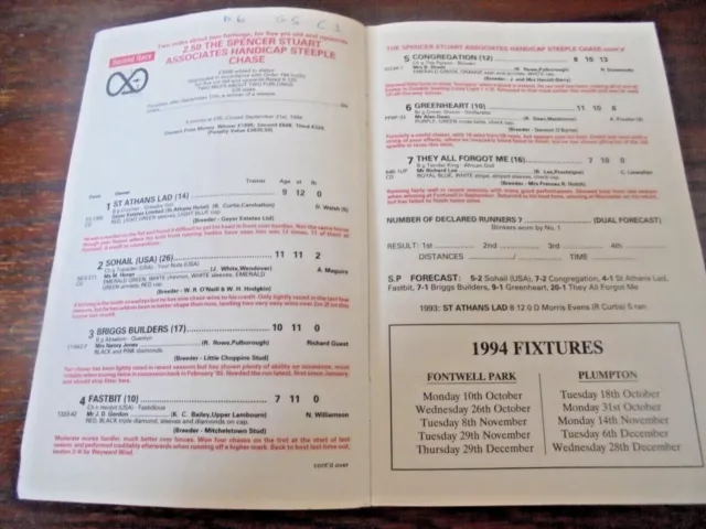 Fontwell Park, Race Card, September 26Th , 1994 - September N.h.meeting 2