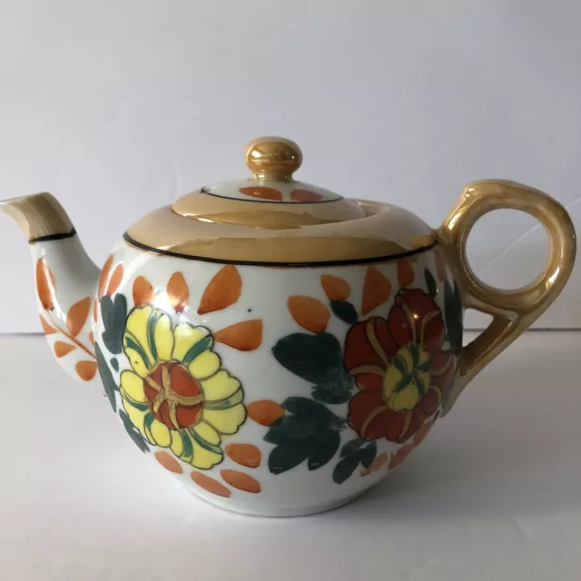 Vintage Hand Painted FLORAL Lusterware China Teapot w/ Lid Made in Japan