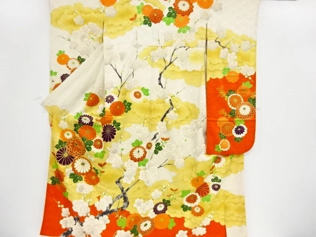 40559# Japanese Kimono / Antique Furisode / Embroidery / Kiku & Ume Blossom