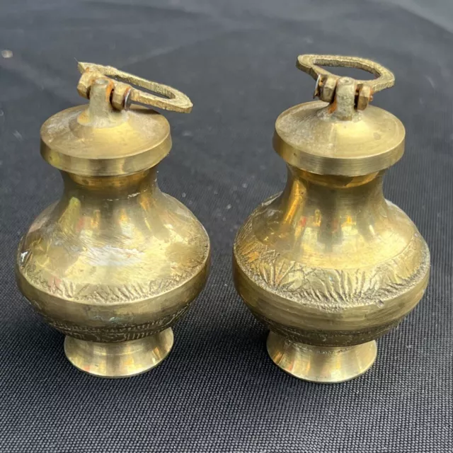(2) Old Brass Handcrafted Engraved Small Holy Water Pot Collectible