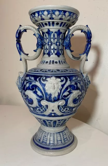 LARGE antique handmade figural blue Westerwald R. Hanke German pottery vase jug