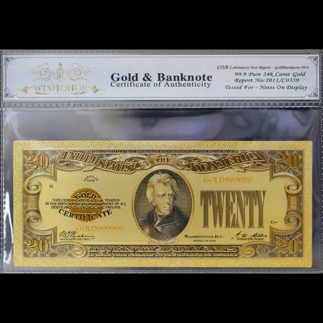 Gold 1928 $20 Twenty Dollars Banknote Collectible with Bag & Certificate