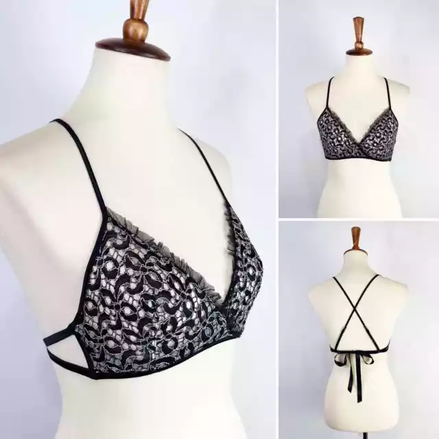 Victoria's Secret black lace strappy tie up bra bralette w/ satin bow Size 32D