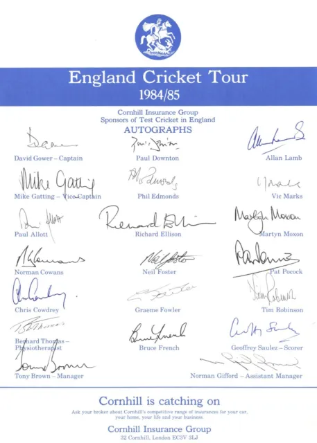 England Cricket Tour 1984/85 to India & Sri Lanka -  Hand Signed Sheet By 20.