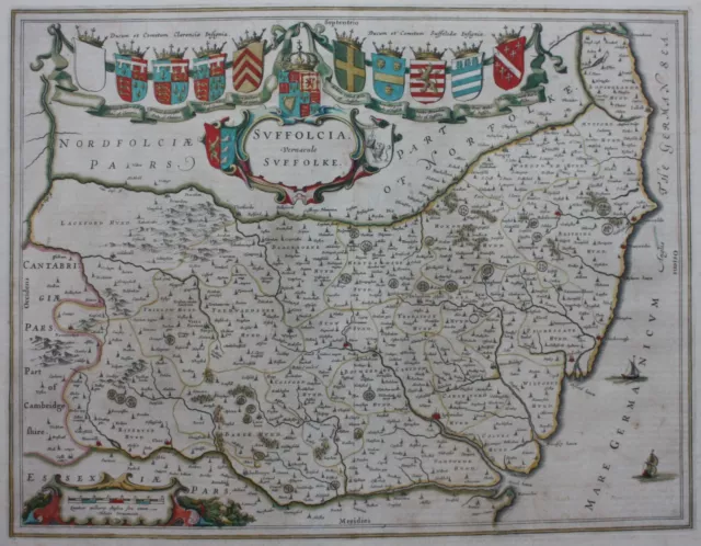 SUFFOLK, 'SUFFOLCIA Vernacule SUFFOLKE', original antique county map, Blaeu 1645