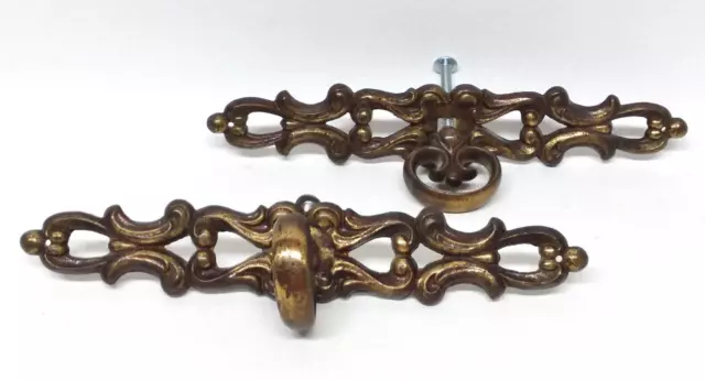 Vintage Brass Scroll Drawer Pulls 7" long set of 2 Filigree Backplate Faux Key