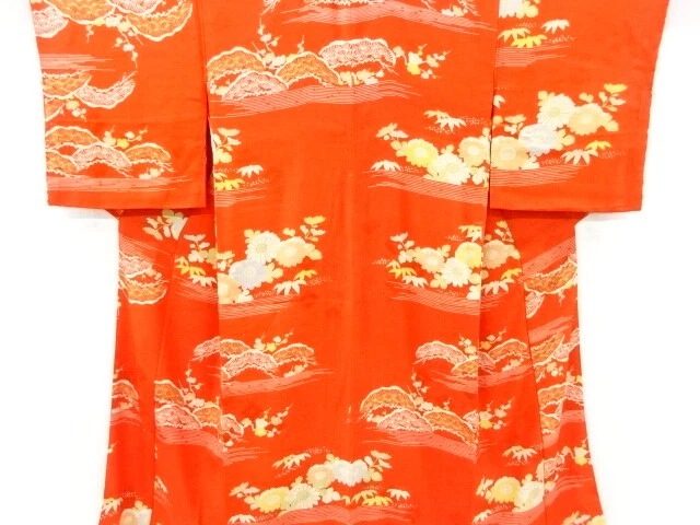 6834607: Japanese Kimono / Antique Juban / Mon Kinsha / Kiku & Shochikubai