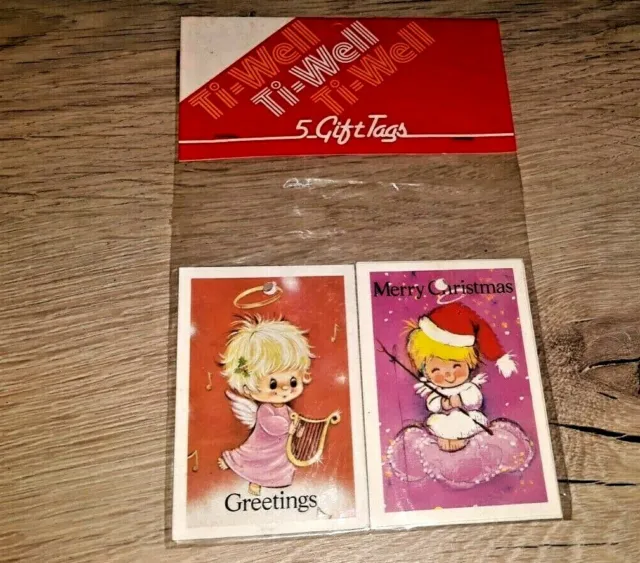 5 Etiquetas De Regalo De Navidad De Colección Ti Well 1970 Nuevas Lindas Diseños De Ángel Pop