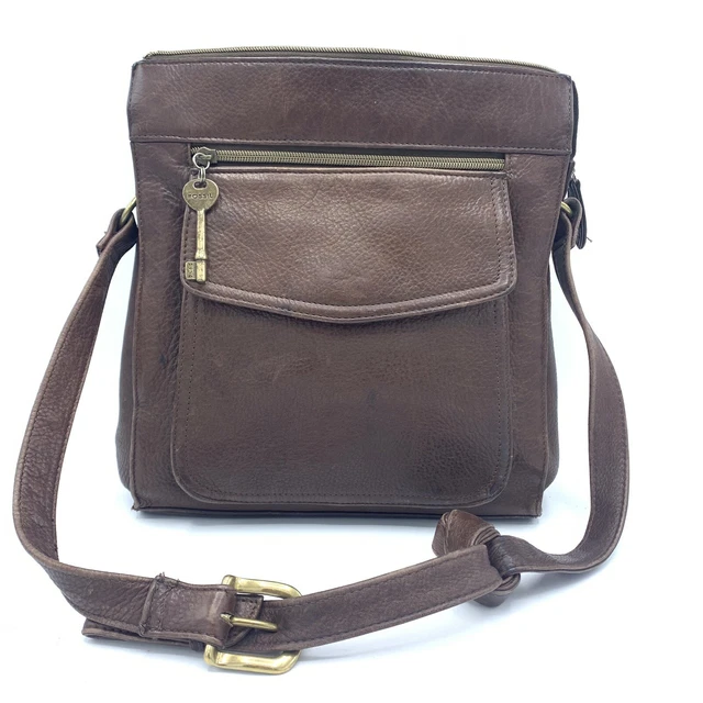 VTG Fossil Crossbody Brown Genuine Leather Bag Travel Purse 75082 With Key