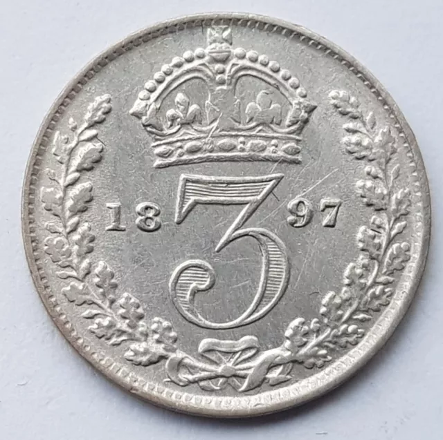 1897 Queen Victoria Threepence AU Silver Coin