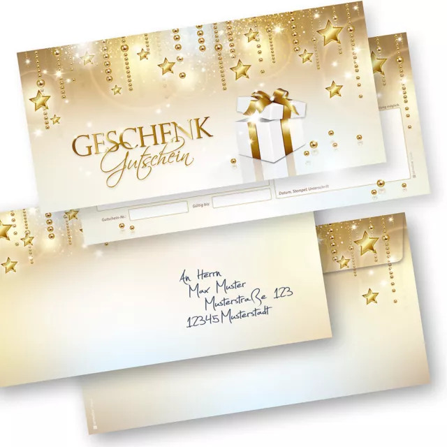 Geschenkgutscheine Weihnachten Sterne (50 Sets) für Gewerbe mit Umschläge
