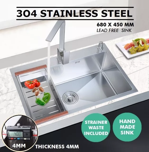 680x450mm Handmade Stainless Steel Under / Top mount Kitchen Laundry Single Sink